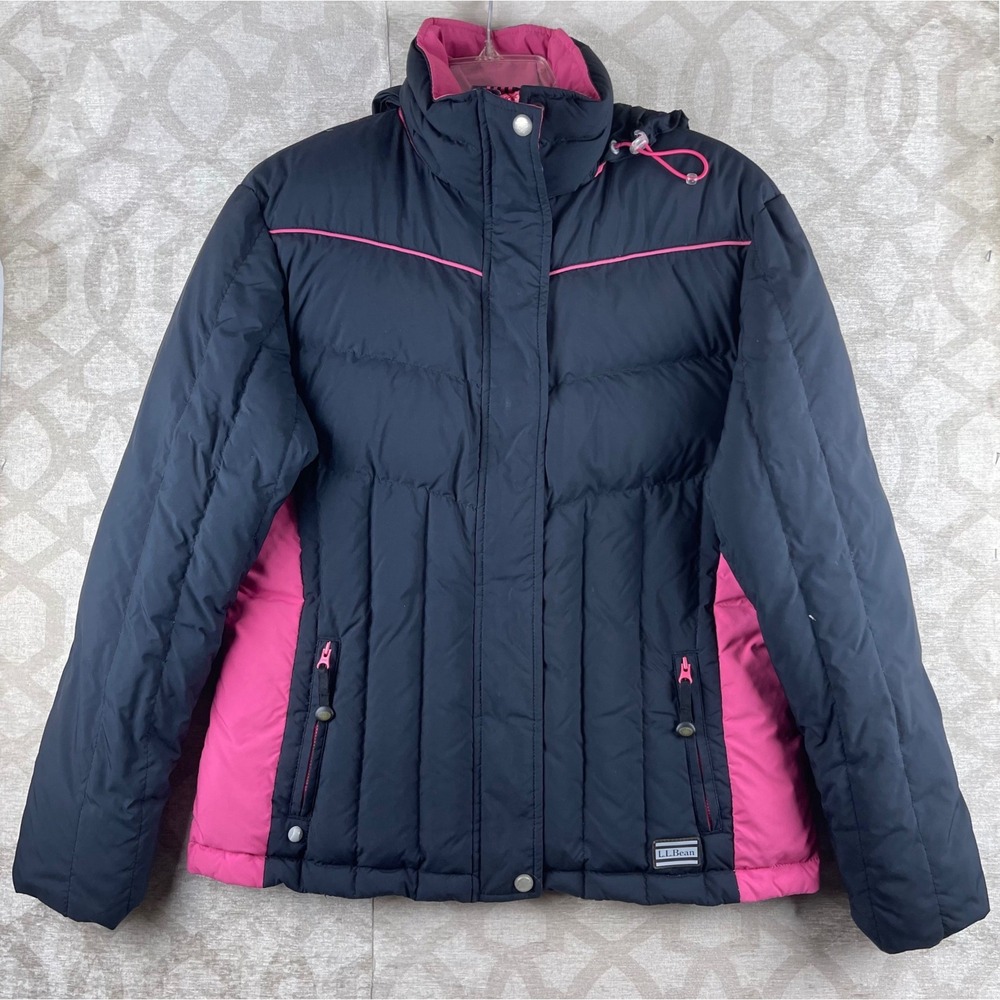 LL Bean Goose Down Puffer Jacket Womens M Black Pink Hooded Winter Coat 0PG77